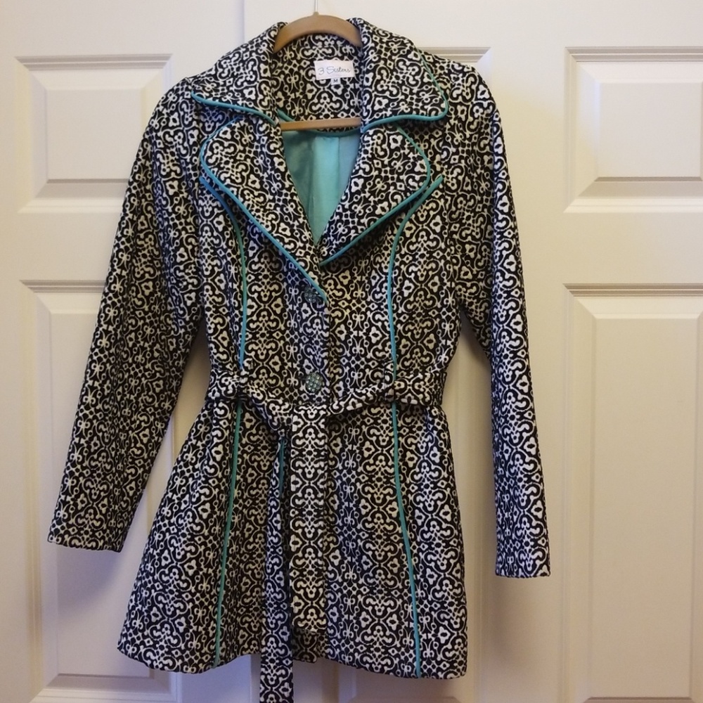 3 Sisters Black and White Patterned Coat with Blue Accents